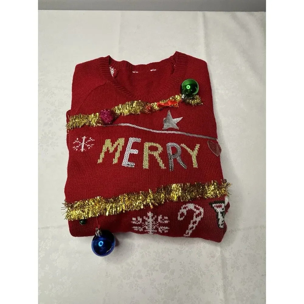 Junior Womens Red Merry Everything Christmas Holiday Sweater Top Shirt See Pics - Picture 10 of 10